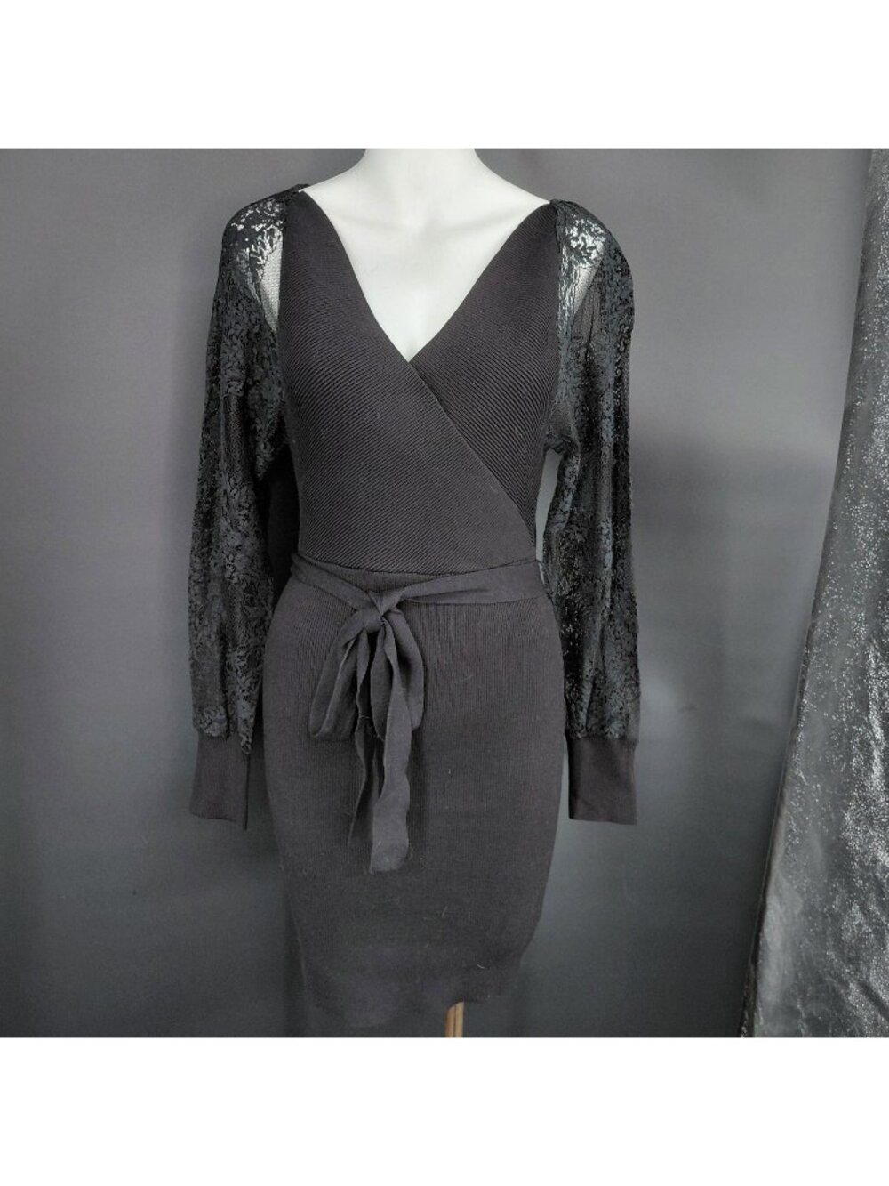 Lush Dress Womens Small Black Bodycon Wrap Lace Balloon Sleeve Tie Waist Party